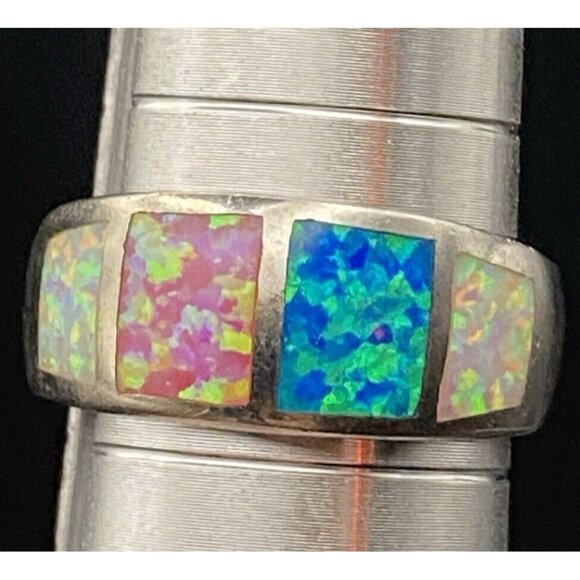Genuine Blue Pink Opal Ring Wide 4 Windows Ster Silver 925 3.8g Unisex Sz 8.75 - Picture 6 of 13